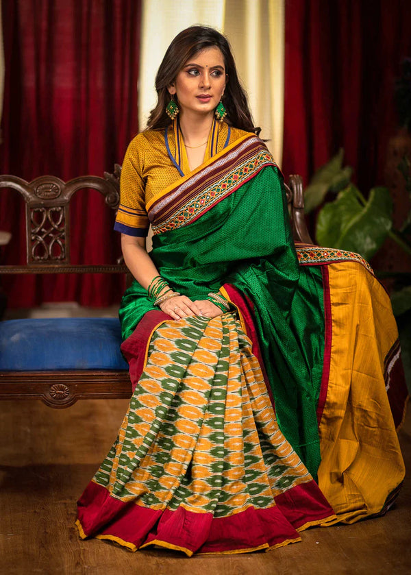 Exclusive Ikat & Green And Mustard Color Combination Saree With Digital Printed Saree