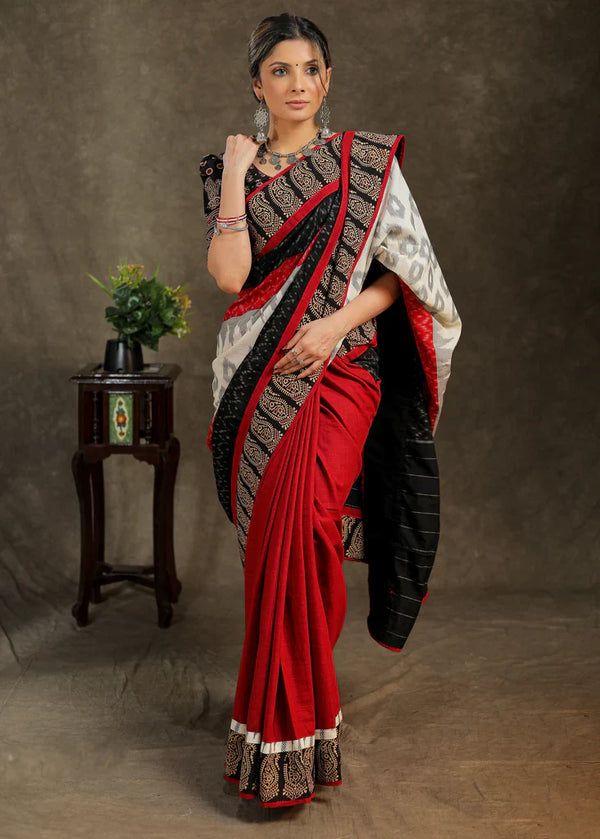 Red & White Digital Printed Cotton saree