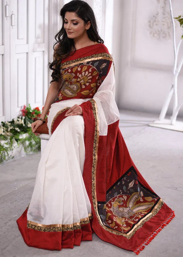 Stylish Kalamkari White And Maroon Color Digital Printed Cotton Saree