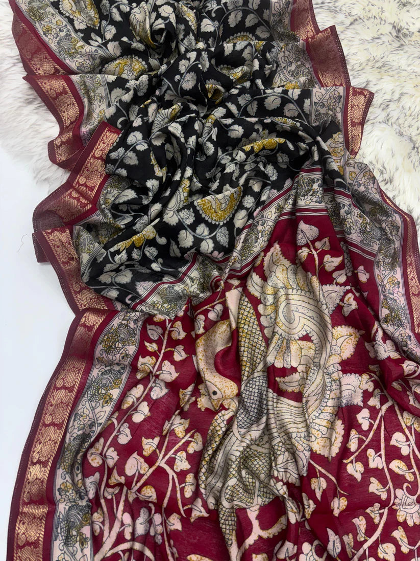 New Pure Black  Mangalkari Viscouse Silk Print n Weaving Work Fancy Designer Festive Wear Saree for Women.