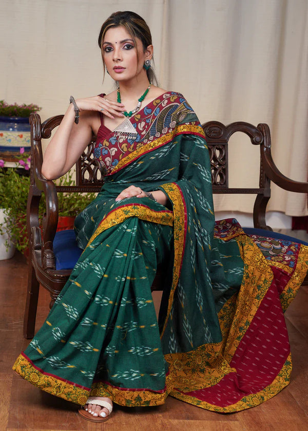 Elegant Green Ikat With Exclusive Printed Kalamkari Digital Printed Cotton Saree