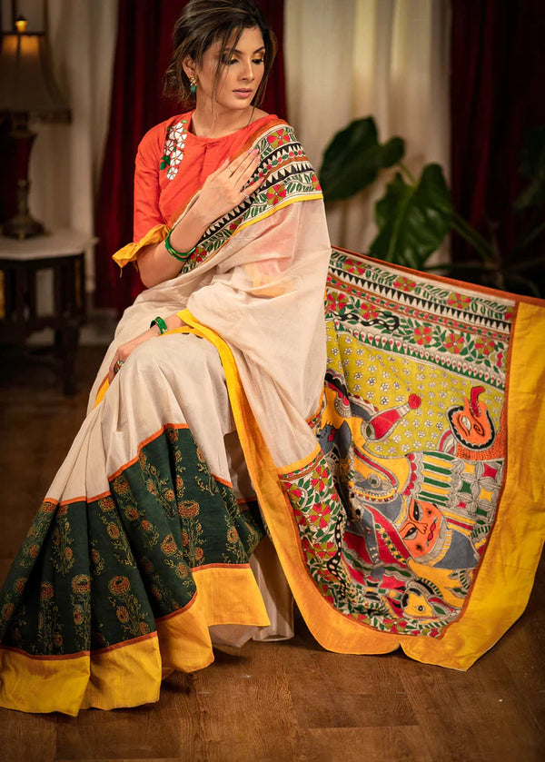 Exclusive Kalamkari Yellow Color Digital Printed Cotton Saree