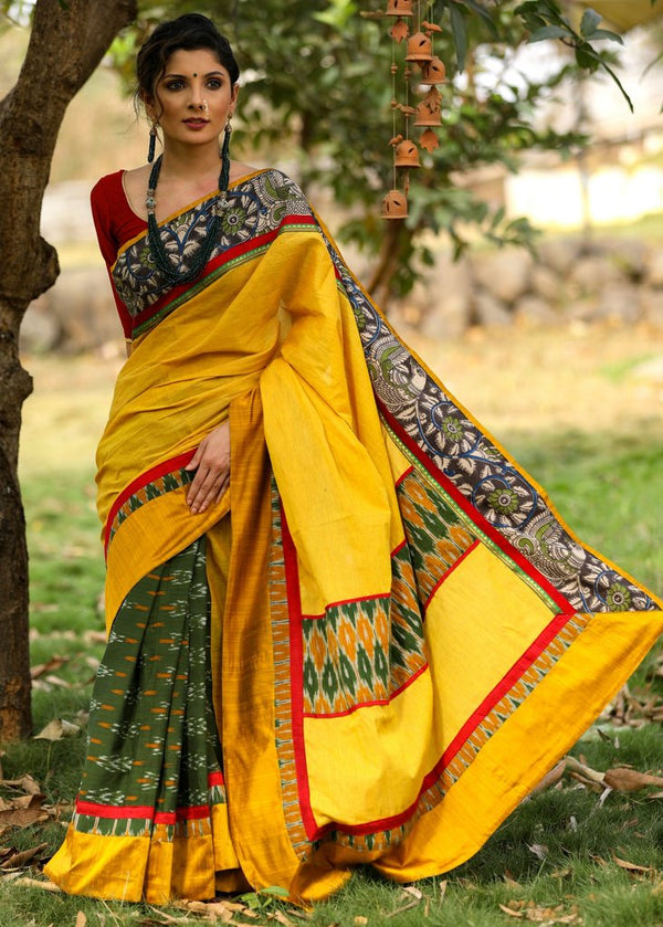 Kalamkari Yellow And Green Color Printed Linen Saree
