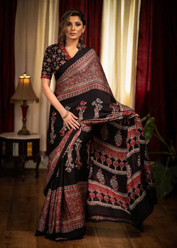 Black And Maroon Color Ajrakh Digital Printed Cotton saree