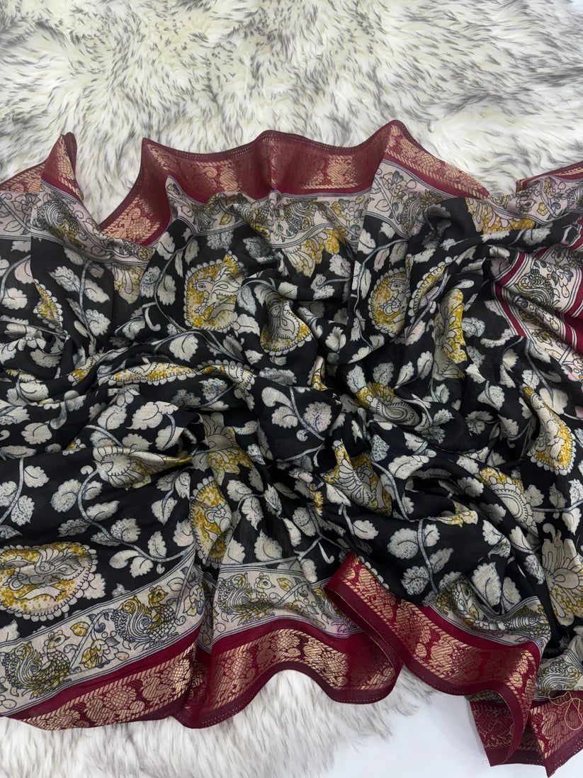 New Pure Black  Mangalkari Viscouse Silk Print n Weaving Work Fancy Designer Festive Wear Saree for Women.