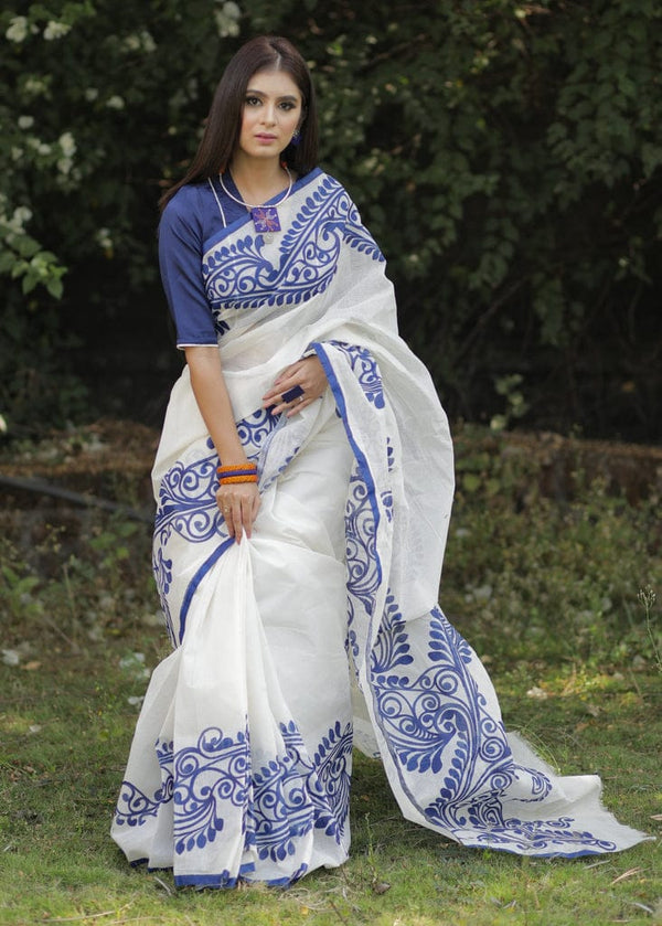 White And Blue Color Digital Printed Cotton Saree