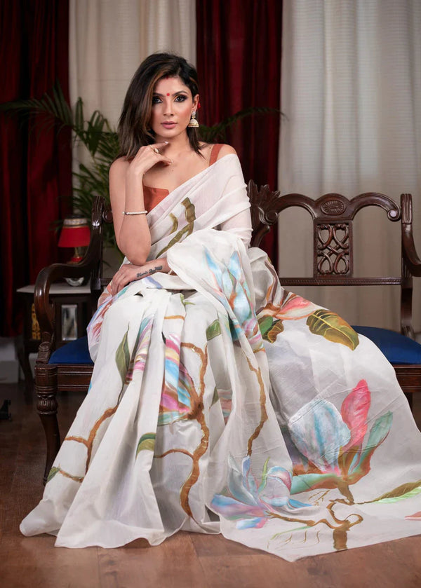 Exclusive White With Floral Digital Printed Cotton Sarees