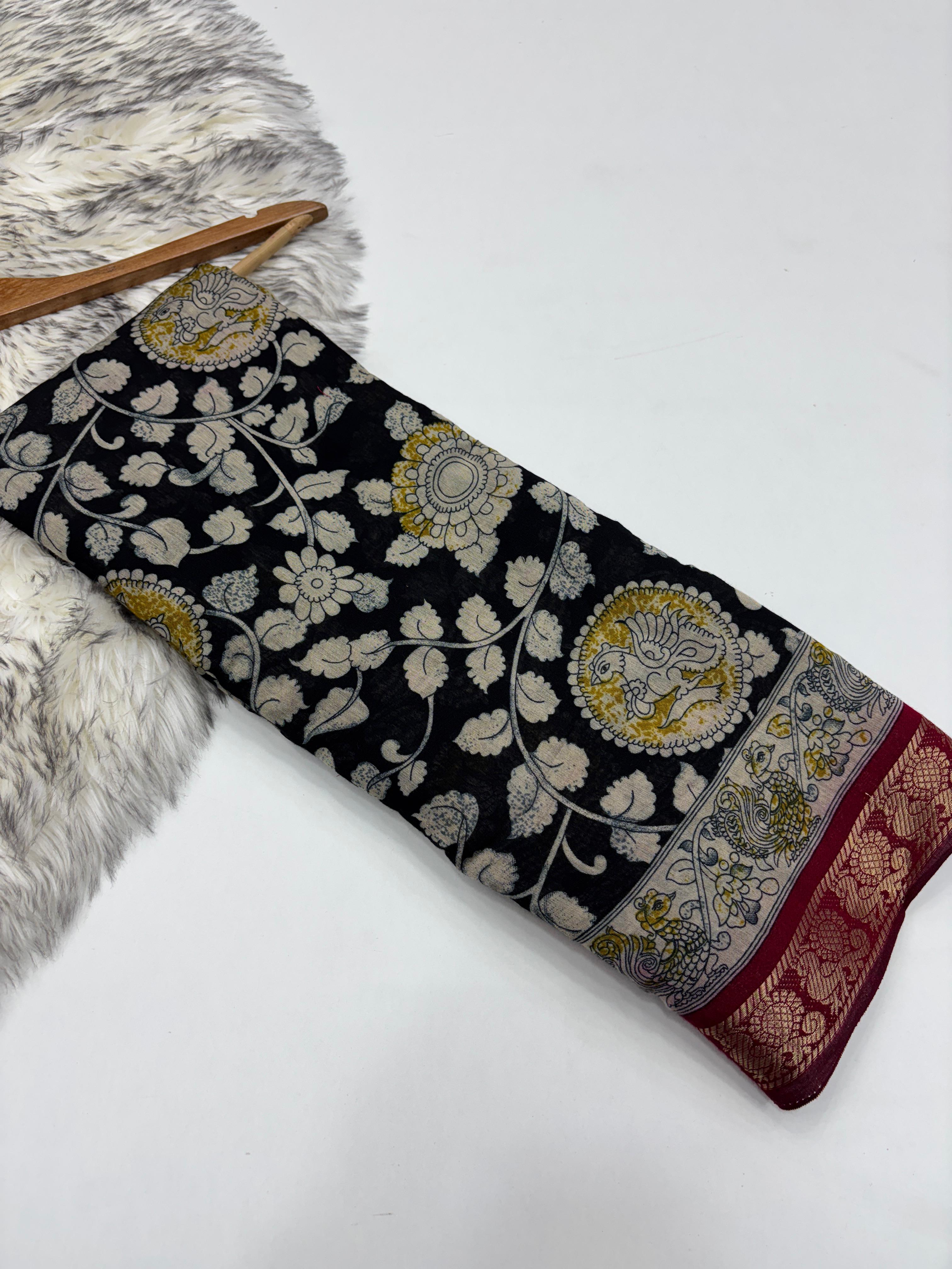 New Pure Black  Mangalkari Viscouse Silk Print n Weaving Work Fancy Designer Festive Wear Saree for Women.