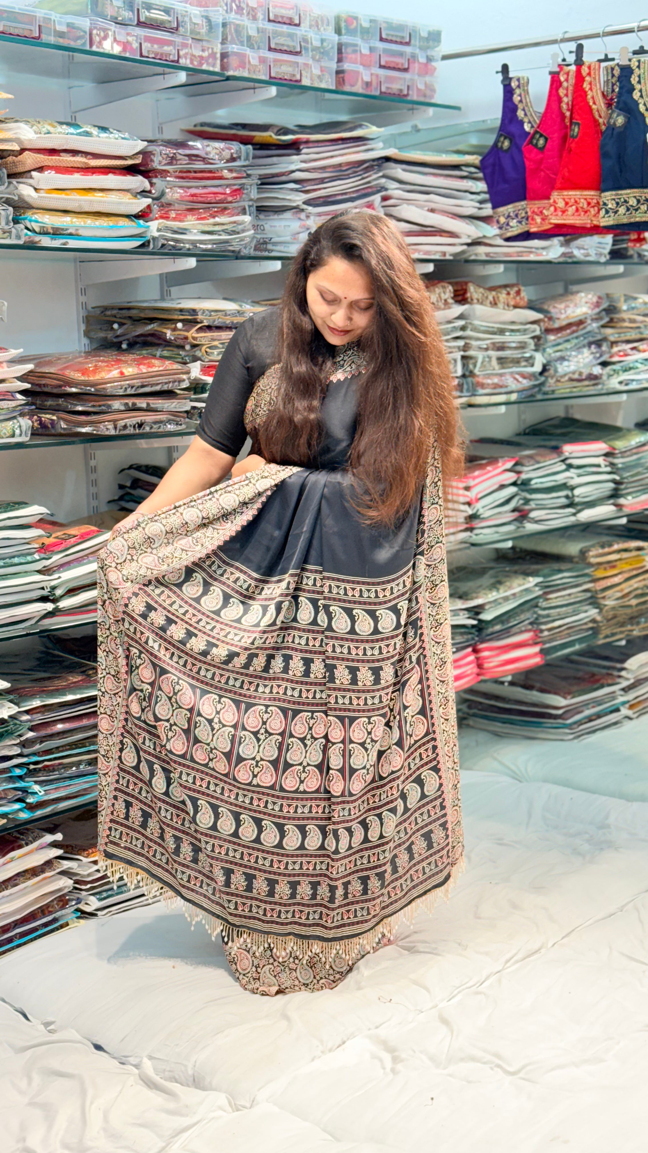BLACK COLOR AJRAKH SAREE