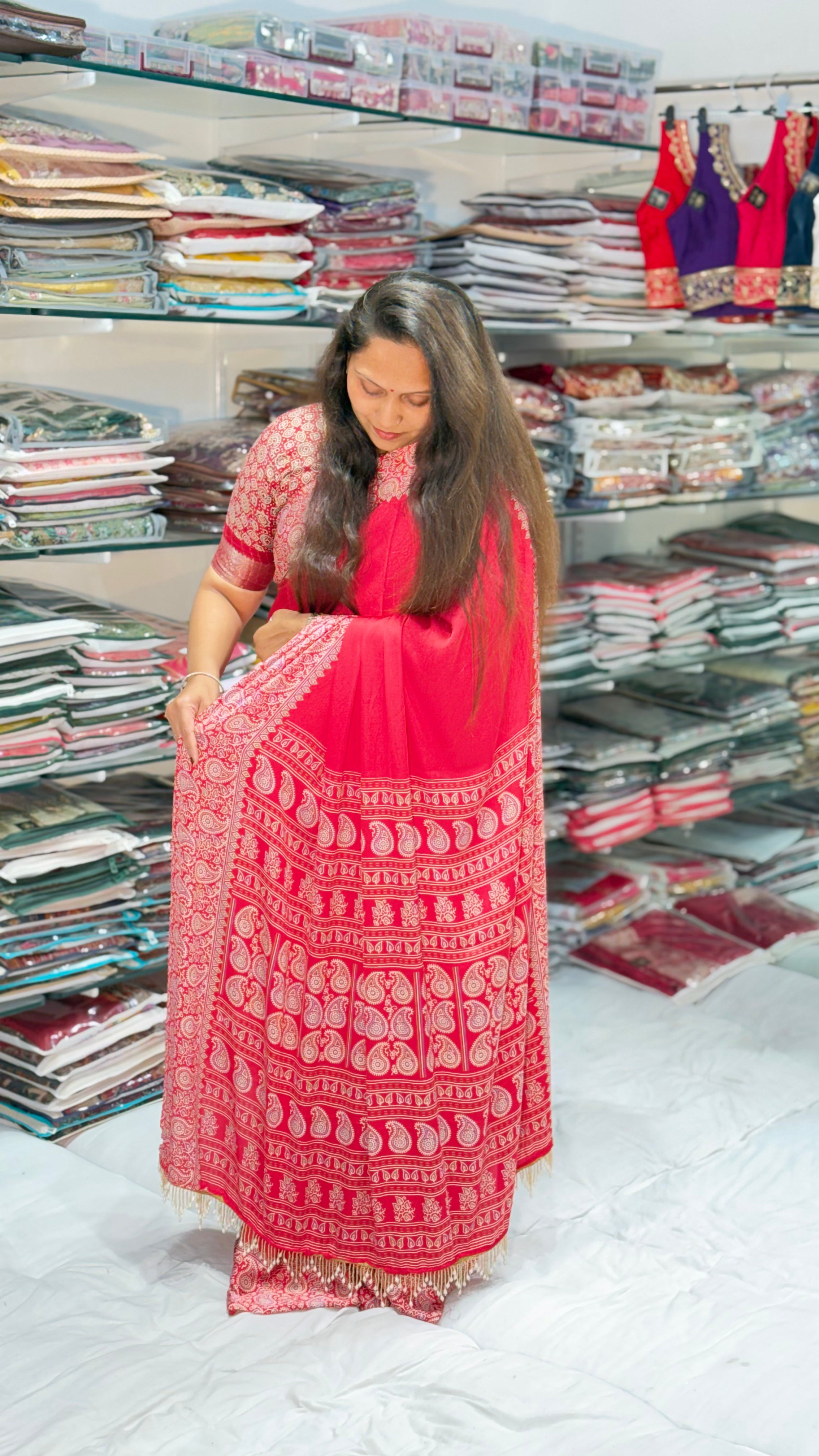 RED COLOR AJRAKH SAREE