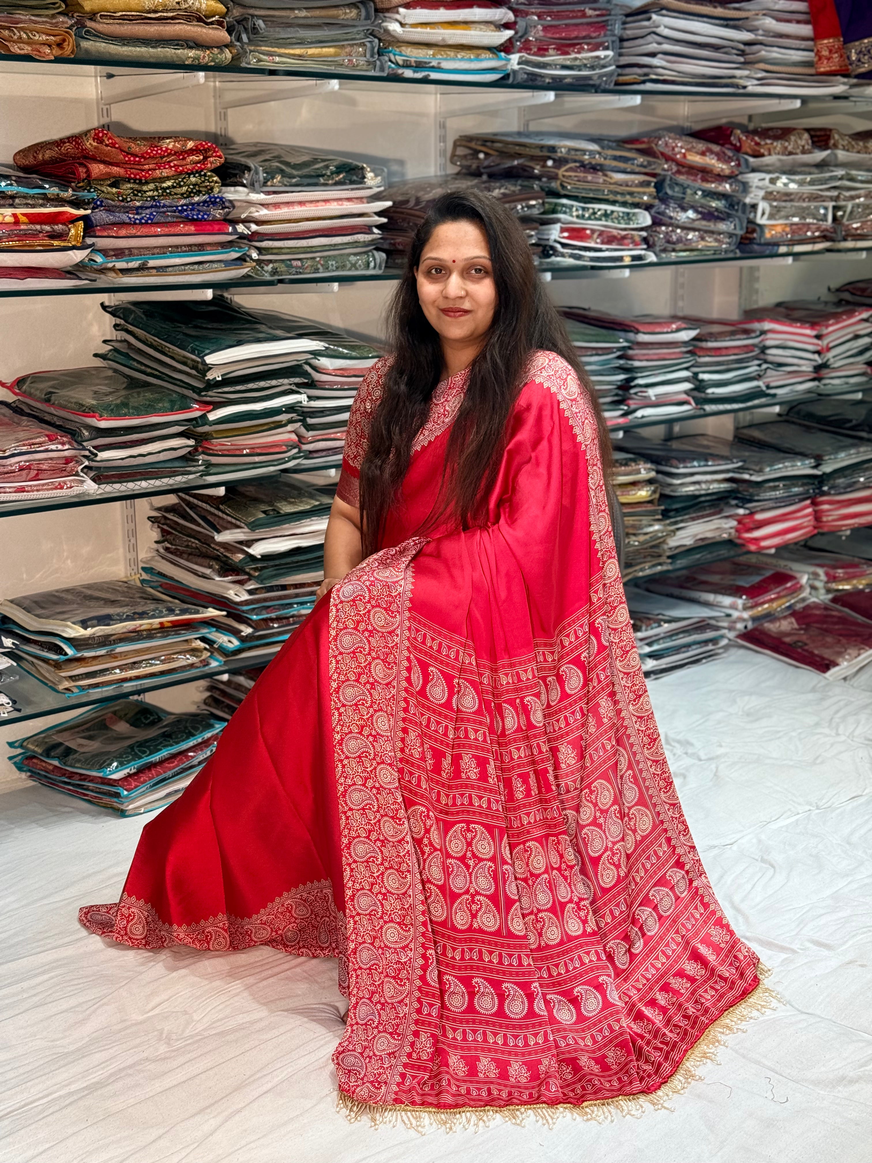 RED COLOR AJRAKH SAREE