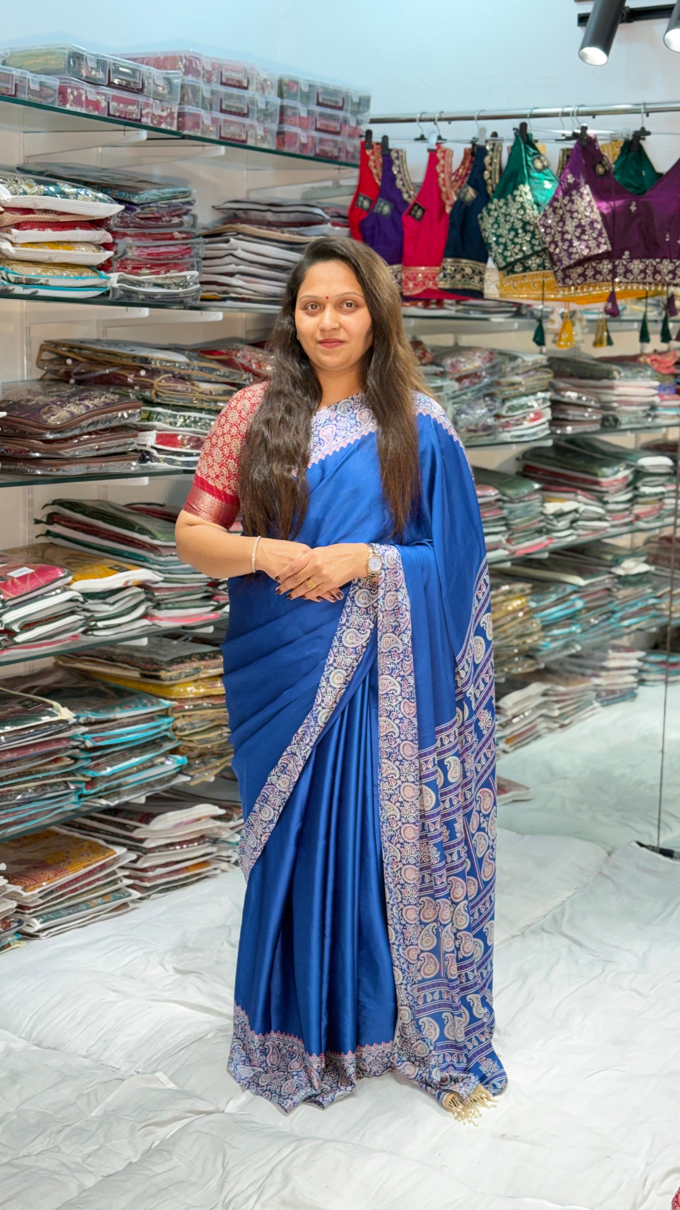 TEAL COLOR AJRAKH SAREE