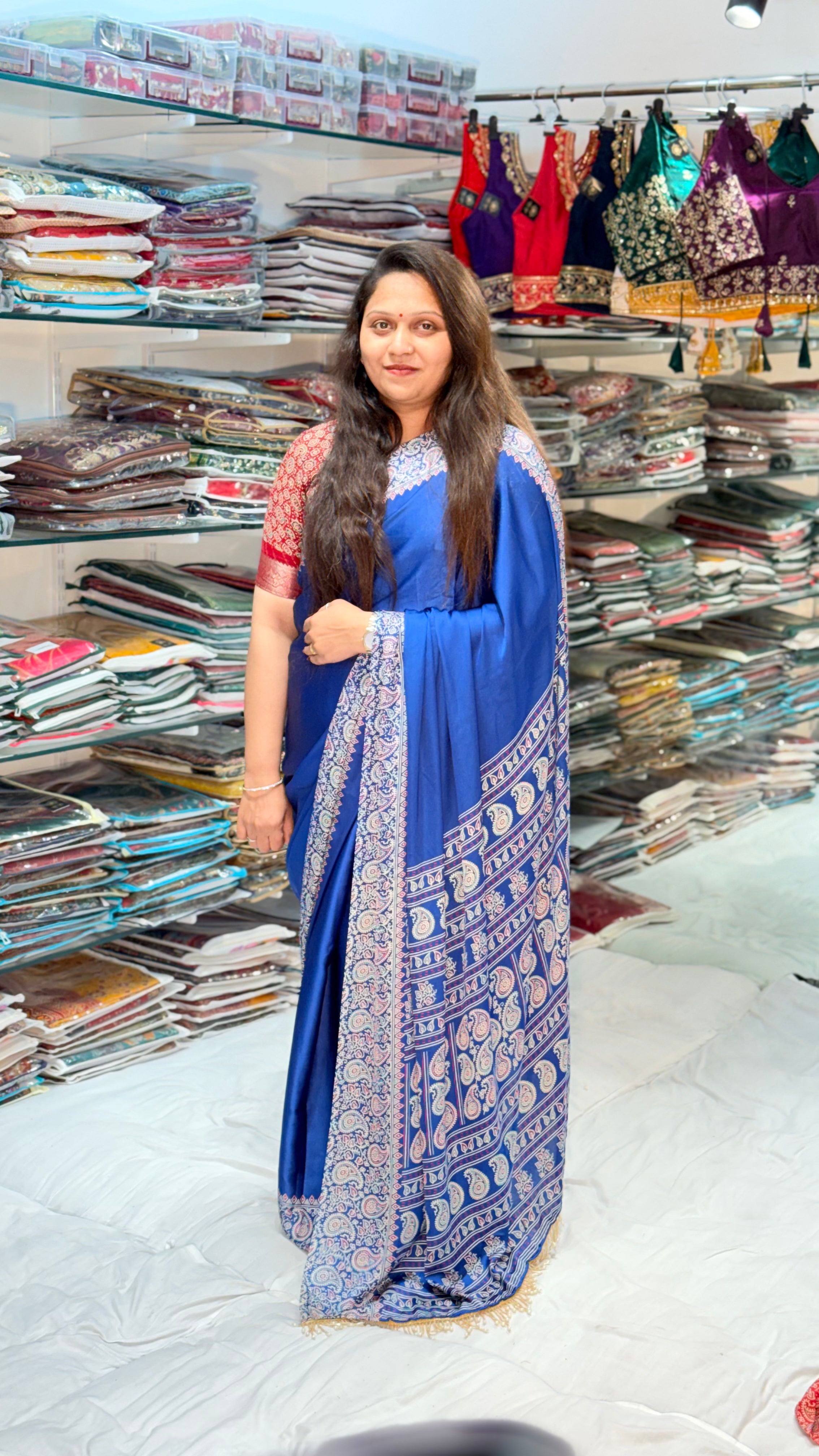 TEAL COLOR AJRAKH SAREE