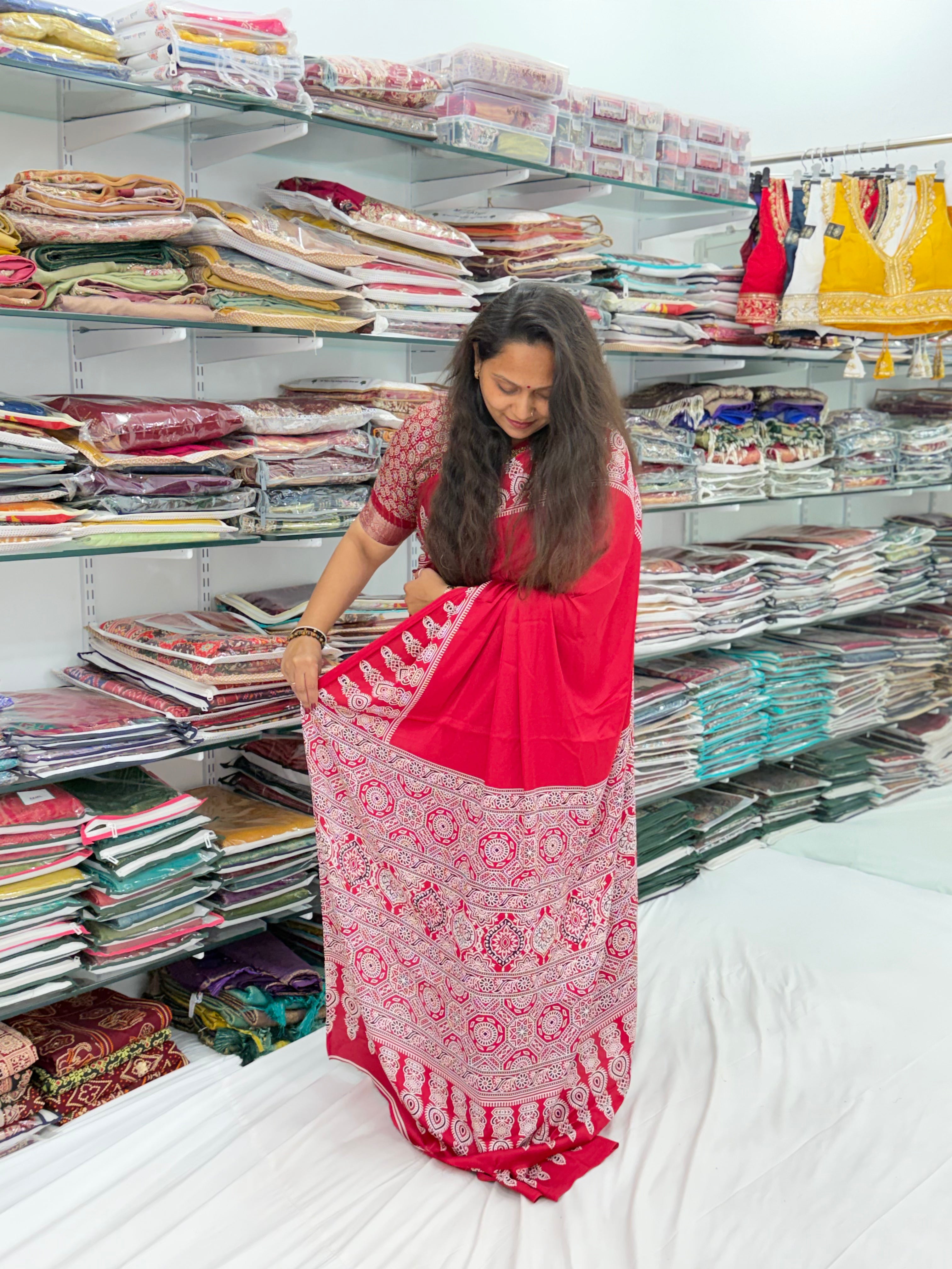 MAROON COLOR AJRAKH GALA BORDER SAREE