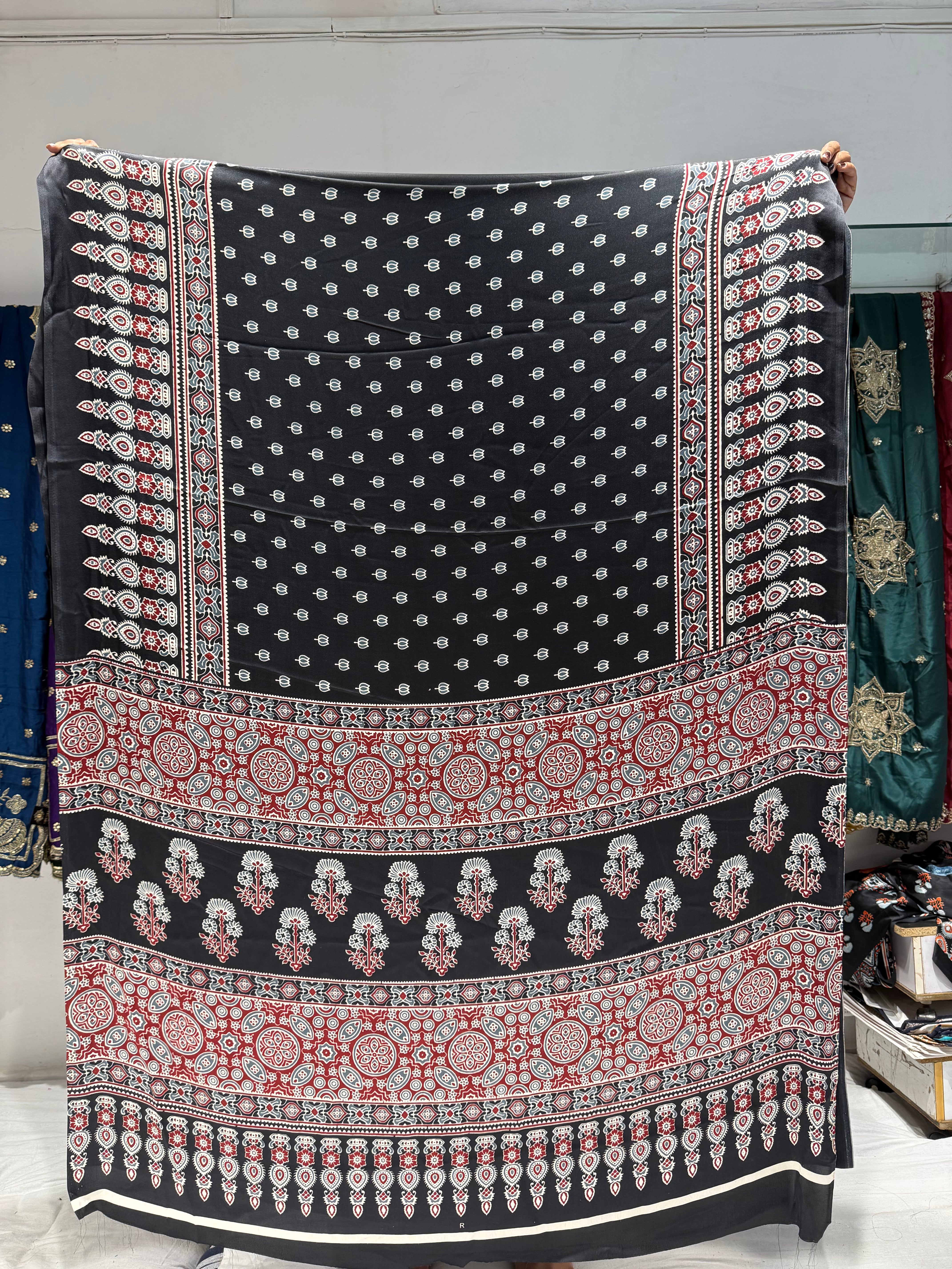 BLACK COLOR LOTUS AJRAKH PALLU SAREE