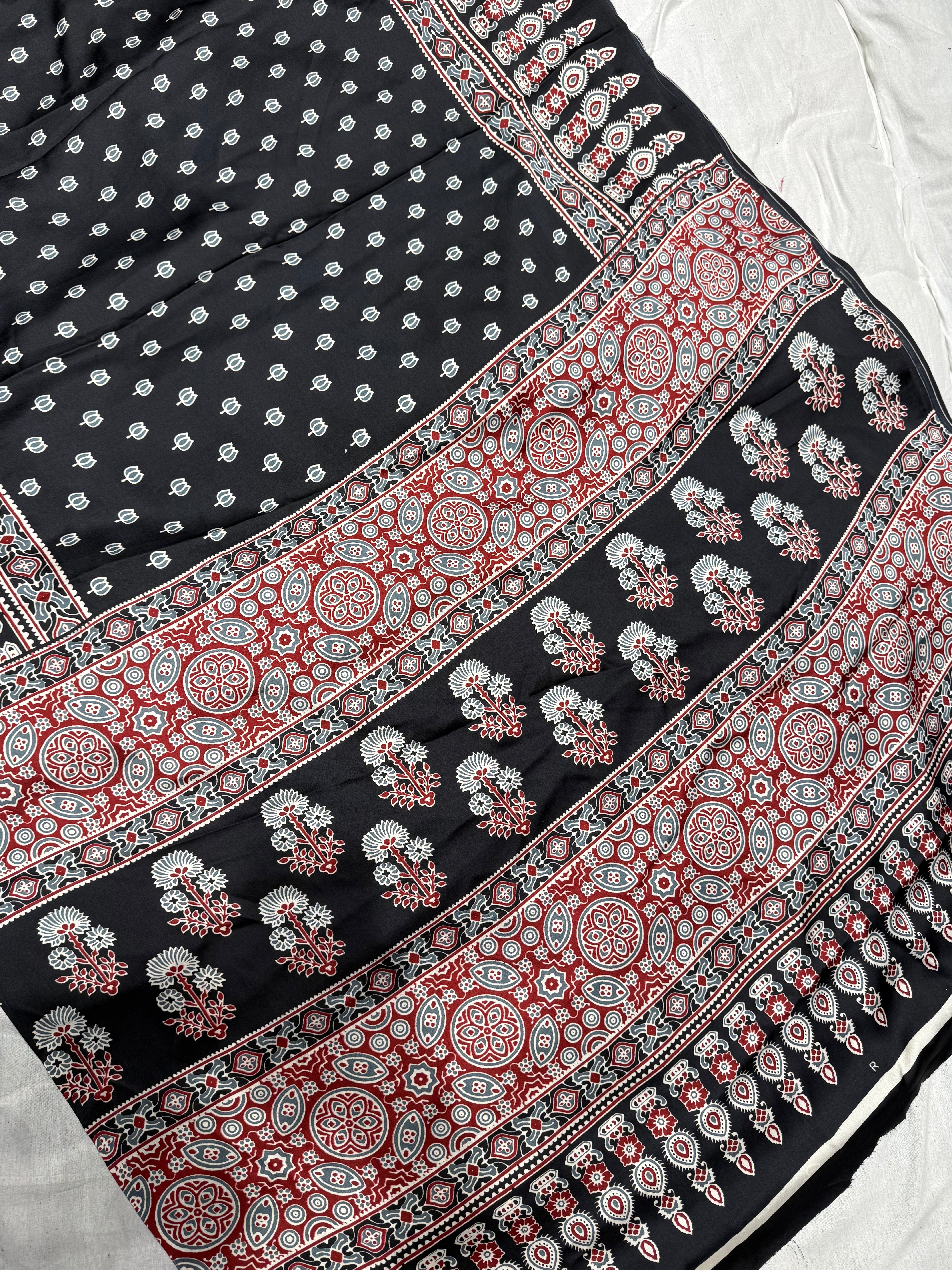 BLACK COLOR LOTUS AJRAKH PALLU SAREE