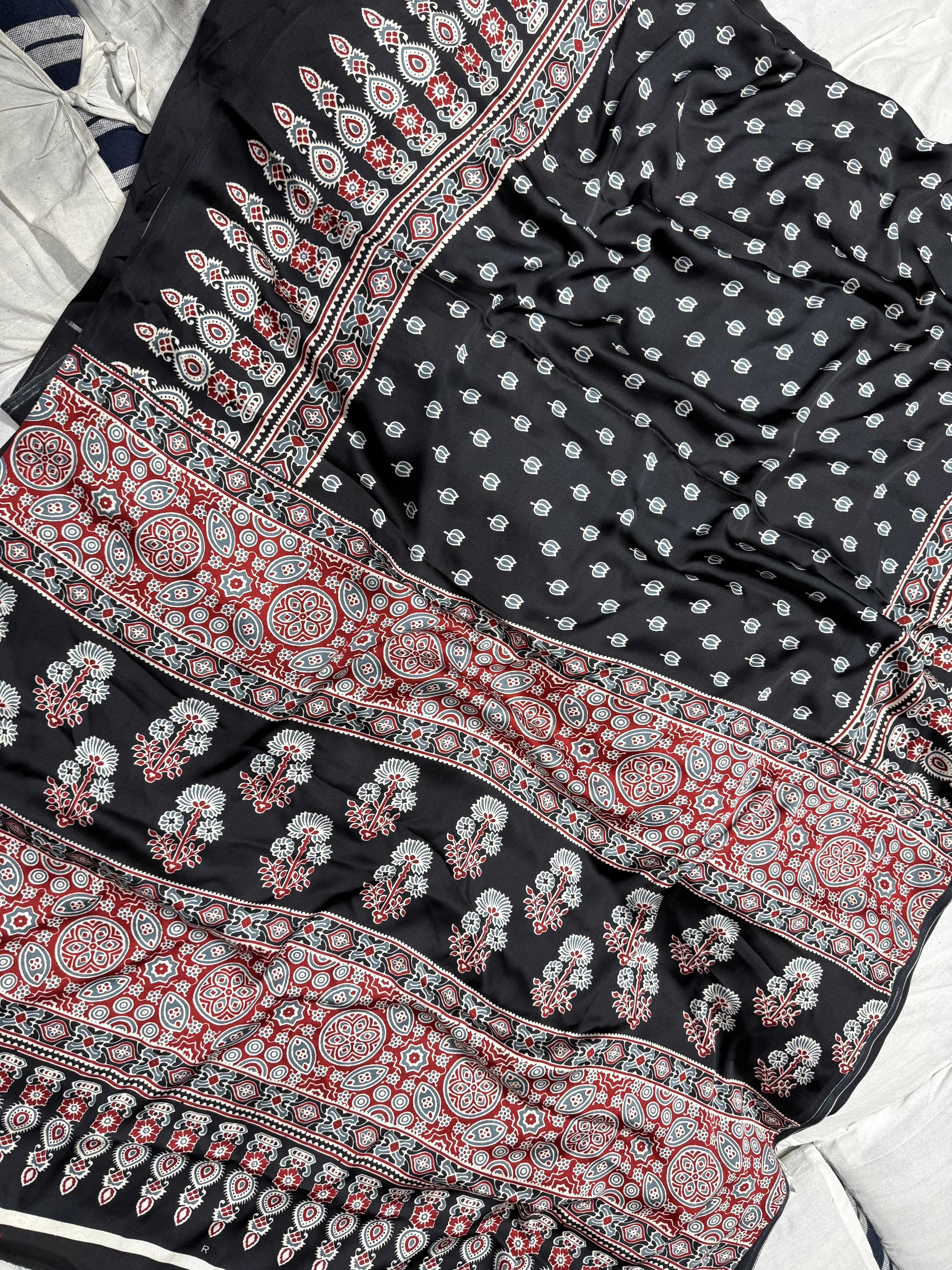 BLACK COLOR LOTUS AJRAKH PALLU SAREE