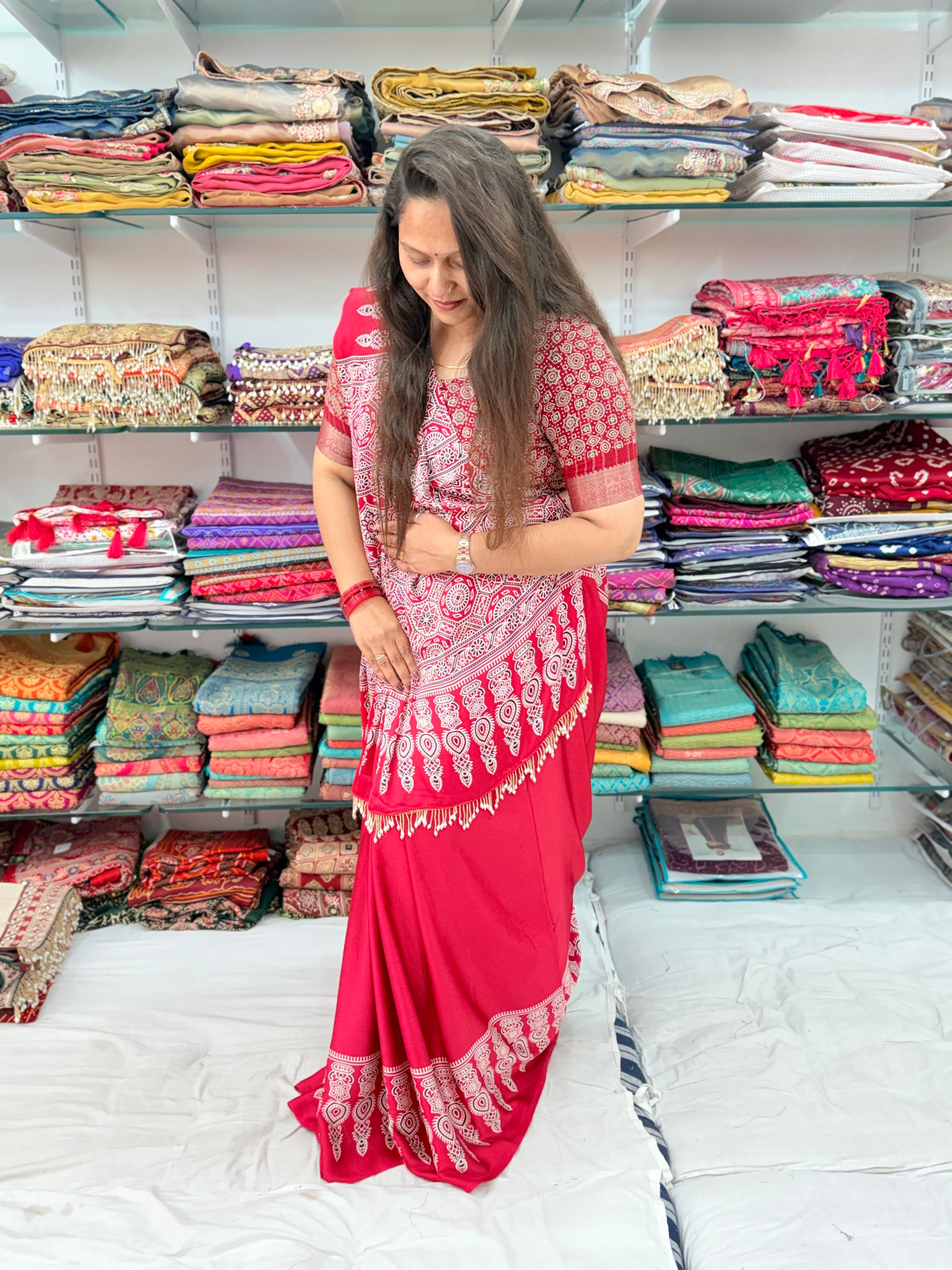 MAROON COLOR AJRAKH GALA BORDER  SAREE WITH HEAVY LATKAN