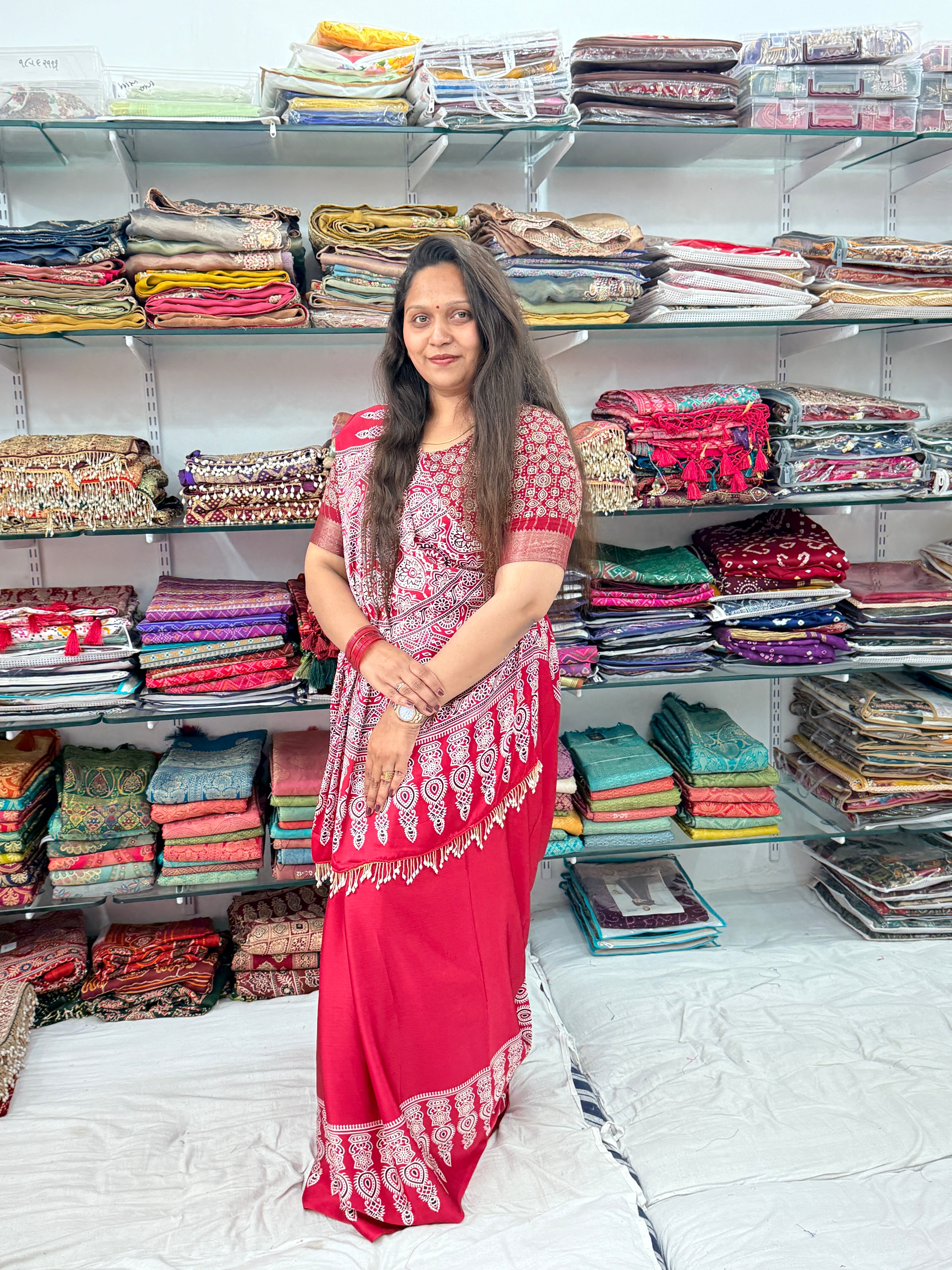 MAROON COLOR AJRAKH GALA BORDER  SAREE WITH HEAVY LATKAN