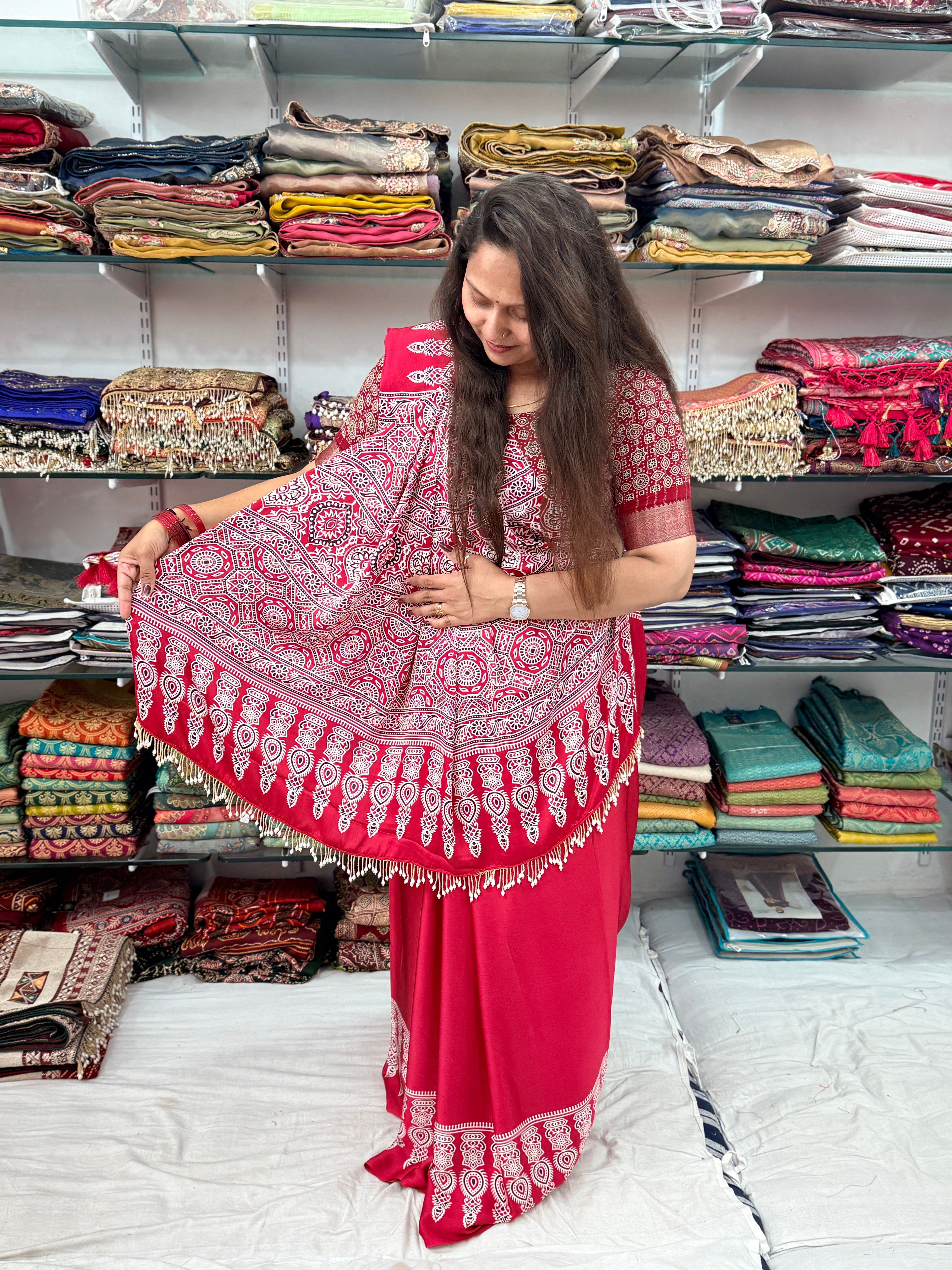 MAROON COLOR AJRAKH GALA BORDER  SAREE WITH HEAVY LATKAN