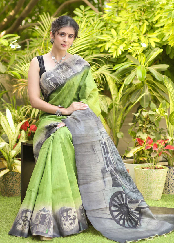 GREY AND GREEN DESIGN COTTON LINEN SAREE WITH AWESOME PRINT
