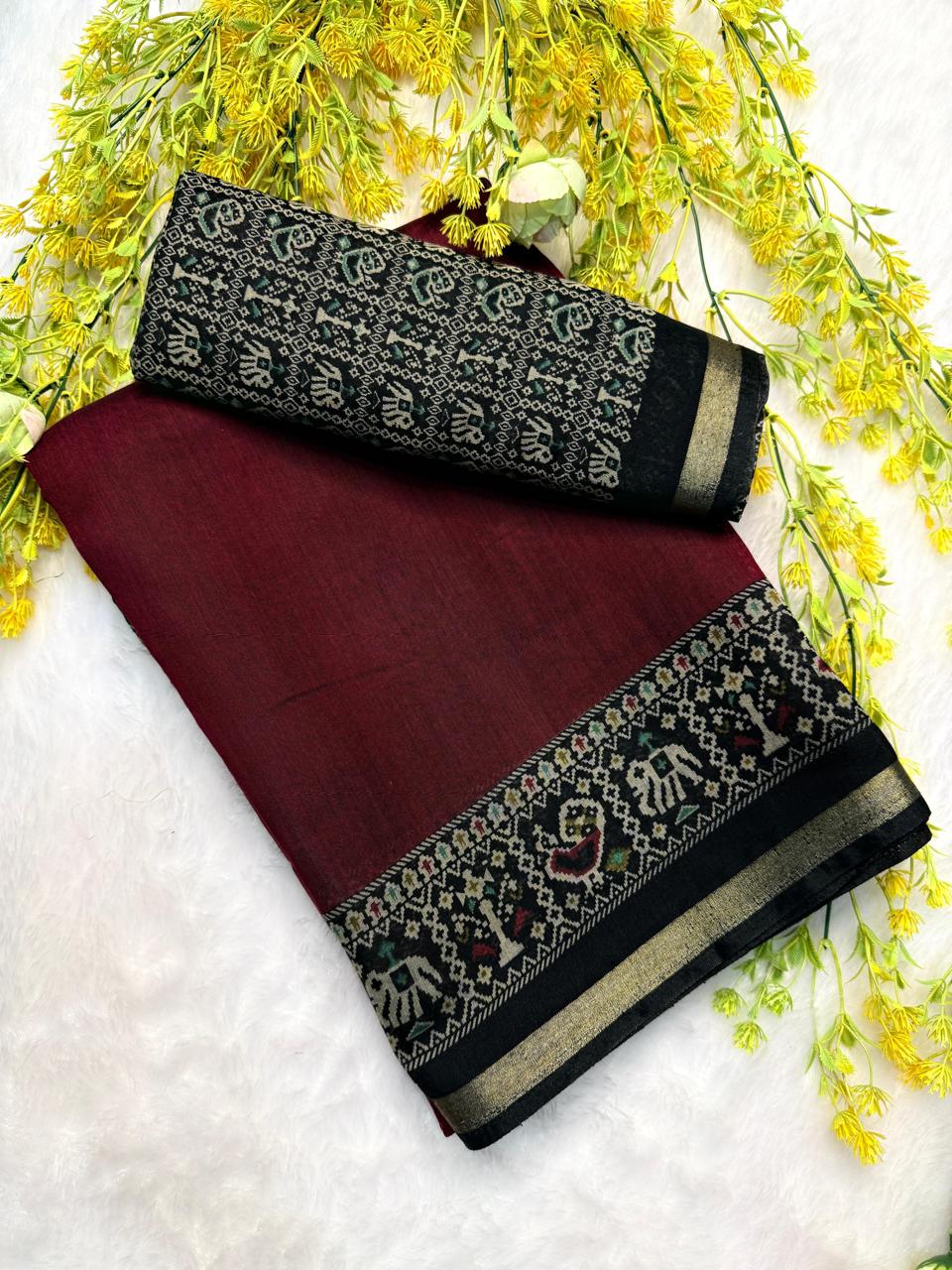 MAROON AND BLACK PATTOLA GALA BORDER SAREE