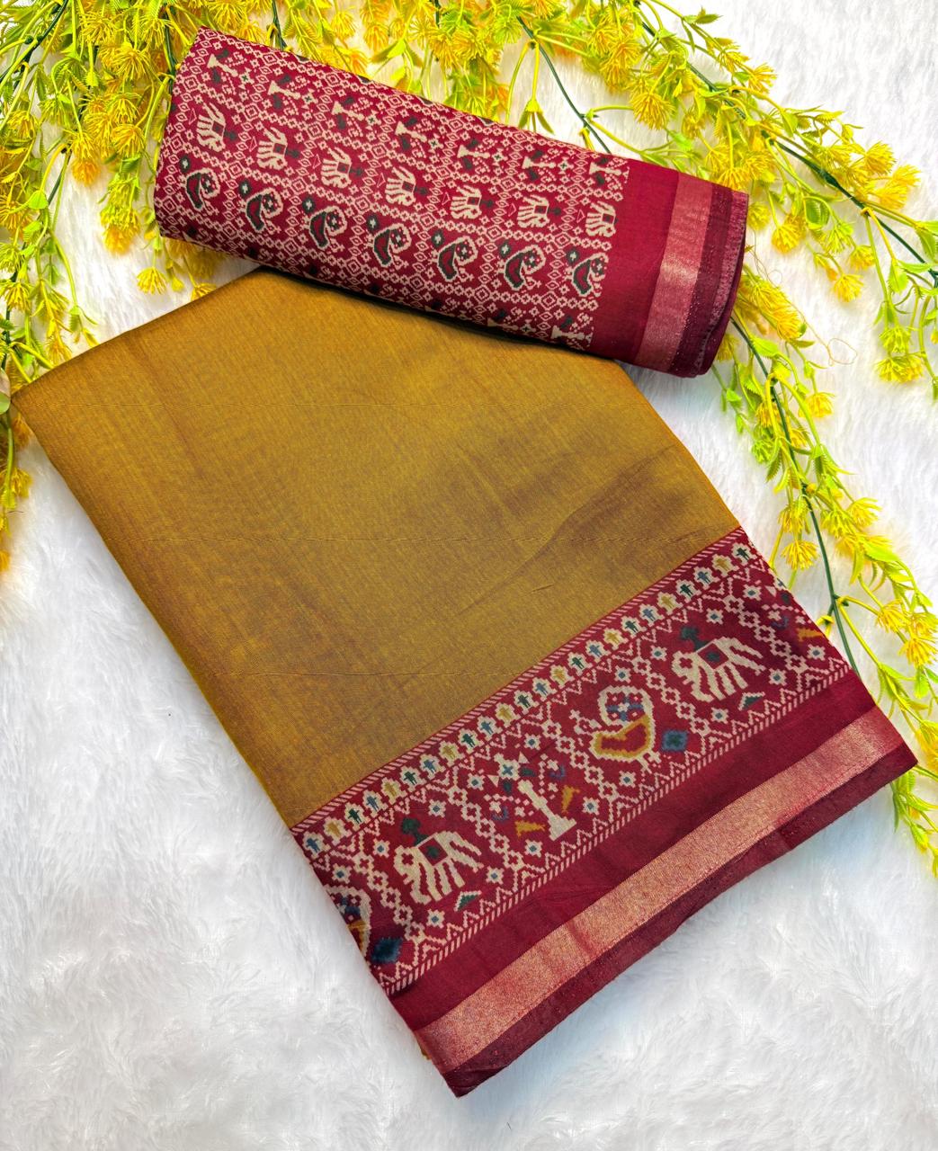 MUSTERD AND RED PATTOLA GALA BORDER SAREE