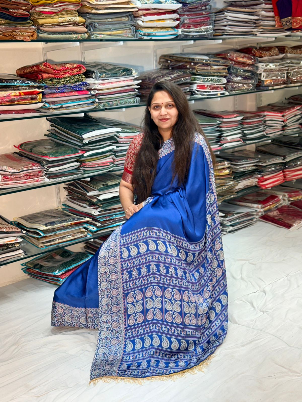 TEAL COLOR AJRAKH SAREE
