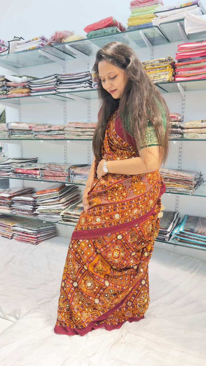 MAROON BANDHEJ AARY WORK SAREE