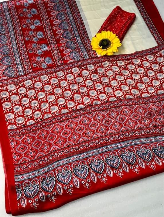 OFFWHITE AND RED COLOR AJRAKH SAREE