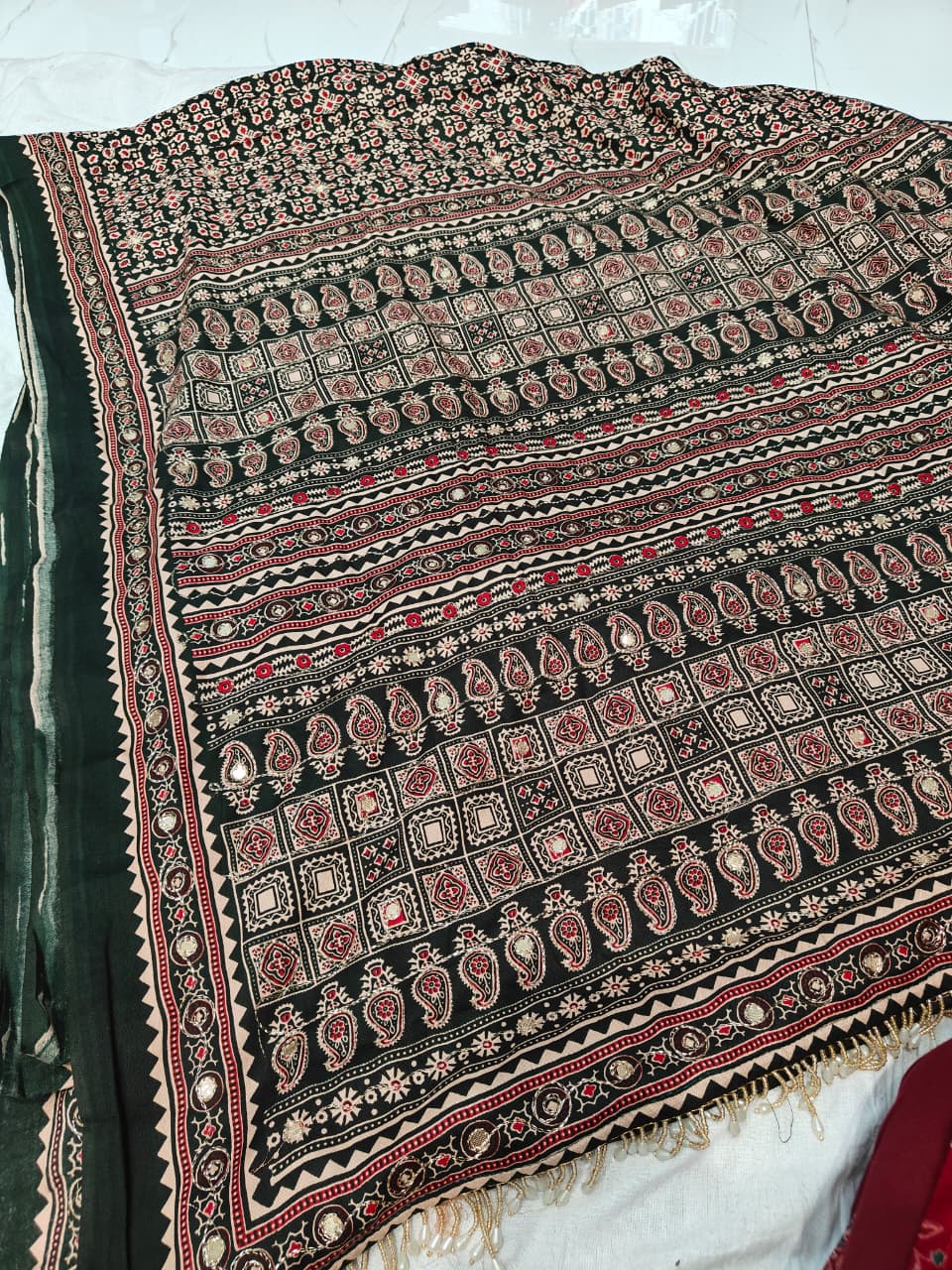 TRADITIONAL GREEN AJRAKH SAREE WITH MIRROR WORK
