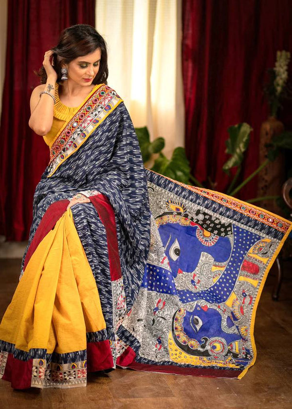 Blue Ikkat Kutch Mirror Kalamkari Digital Printed Cotton Saree