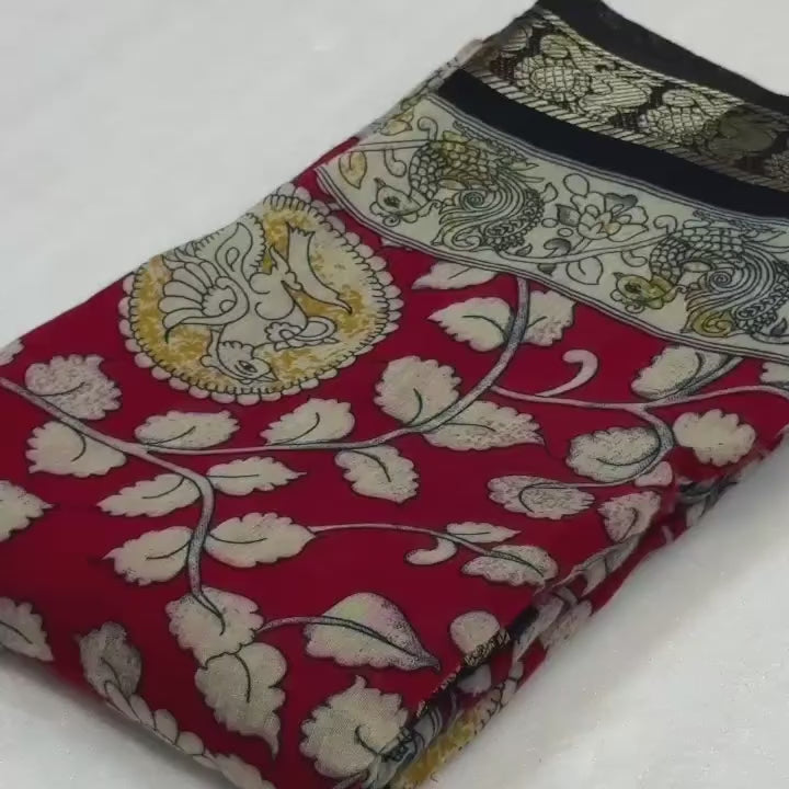 New Pure Red Mangalkari Viscouse Silk Print n Weaving Work Fancy Designer Festive Wear Saree for Women